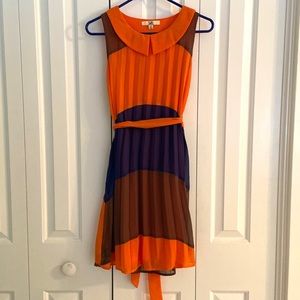 Orange and Blue Pleated Collar Dress